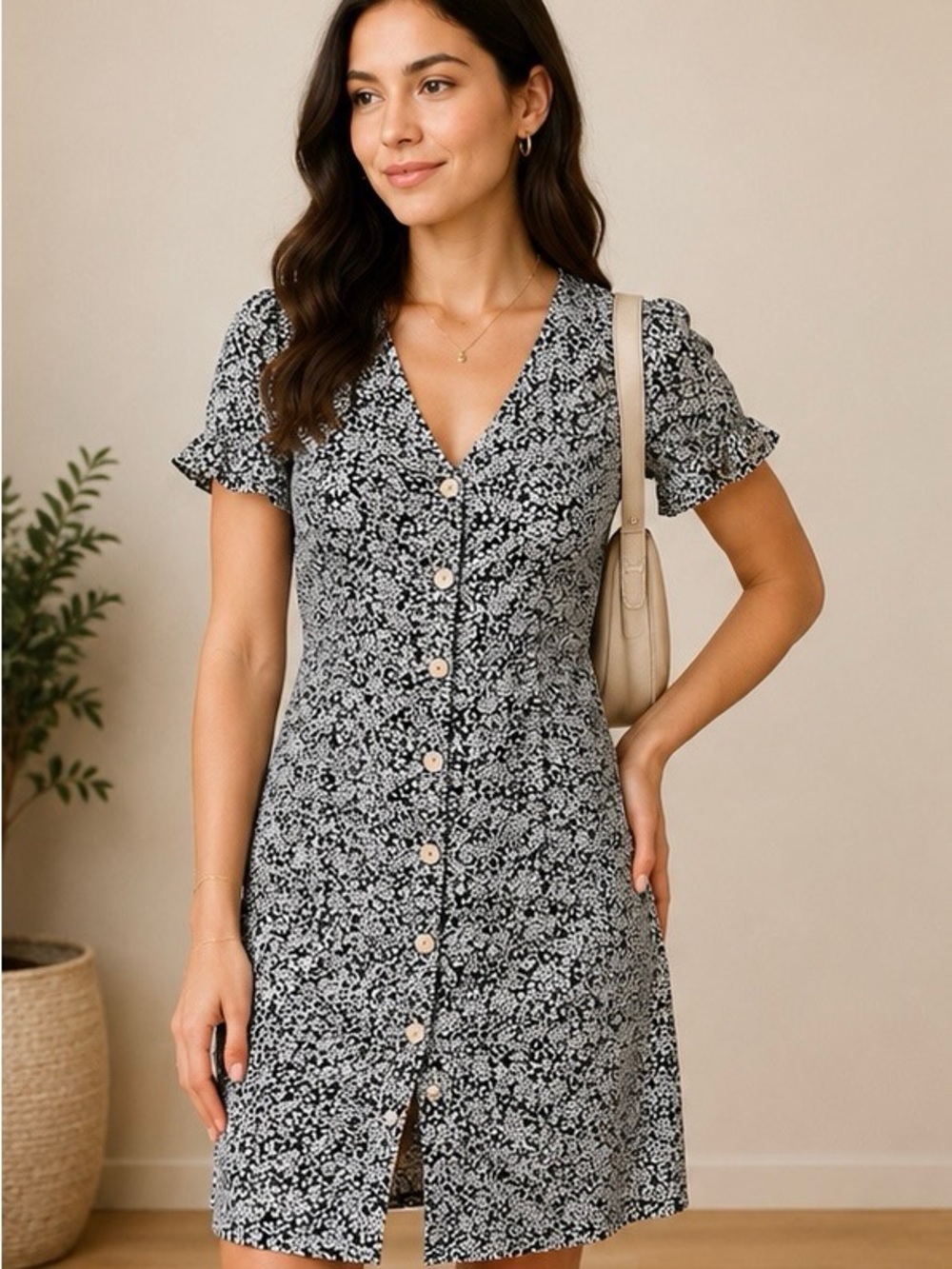 Monteau Black and White Floral Button-Front Mini Dress